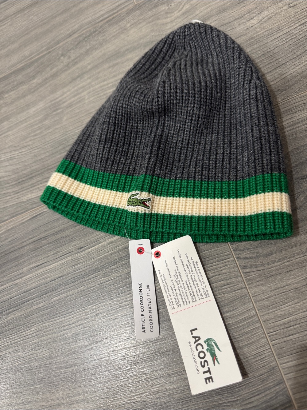 Lacoste Unisex Gray Beanie with Green & Cream Stripes